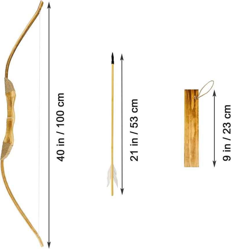 Basbon Youth Wooden Bow and Arrow Set, 40 Inch Handmade Wooden Bow and Arrow Cosplay Costume Prop Archery Set Games Toys, 1 Bows 1 Quivers and 3 Feather Arrows, Gifts for Kids Youth Boys and Girl - Image 2